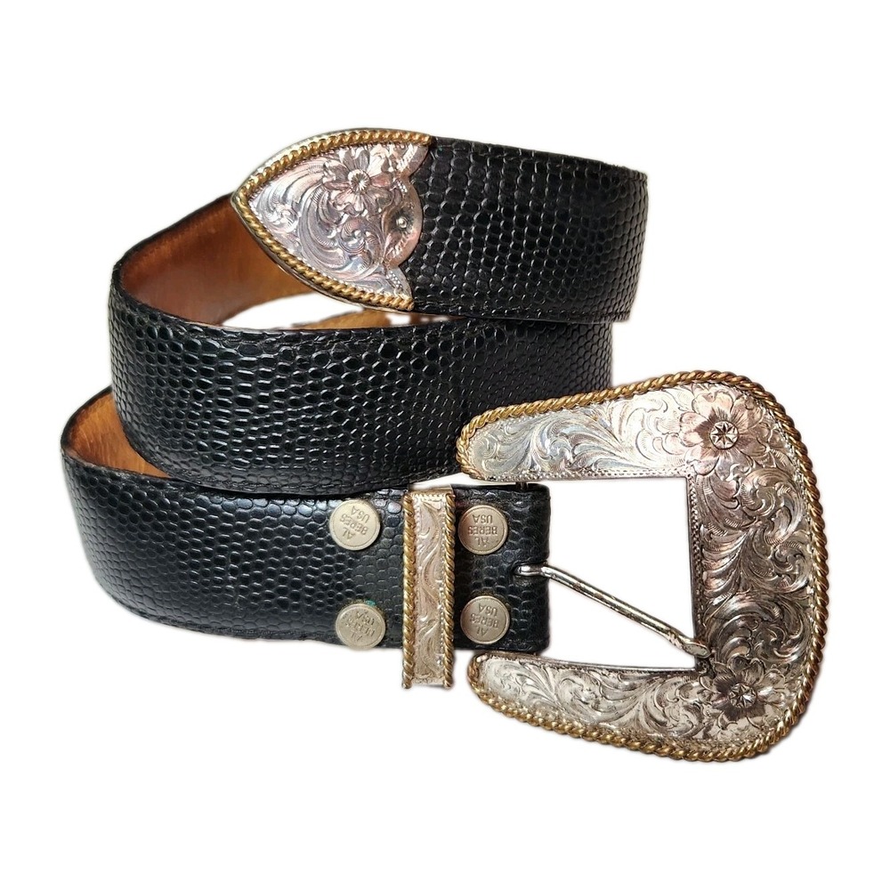 Vintage 1980s Al Beres Montana Silversmiths Western Leather Belt Size 26 USA